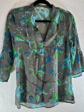 Old Navy Tunic Boho Top Sheer w/ Cami Gray Blue Green Floral Chiffon Women Sz XS
